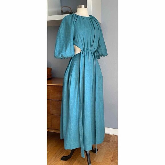 Linen Line Natural Clothing Puff Sleeve Cut-out Maxi Dress Cottagecore US 6 - Picture 2 of 10